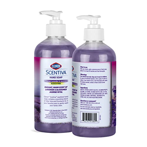 CLOROX SCENTIVA LIQUID HAND SOAP, TUSCAN LAVENDER & JASMINE SCENT – BLEACH-FREE SCENTED HAND HAND WASH WITH ALOE VERA & PROVITAMIN B5 FOR KITCHEN OR BATHROOM, 14 FL OZ