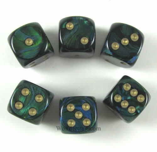 Jade Scarab With Gold Pips 16mm D6 Dice Set of 6 Wondertrail WCX27615E6