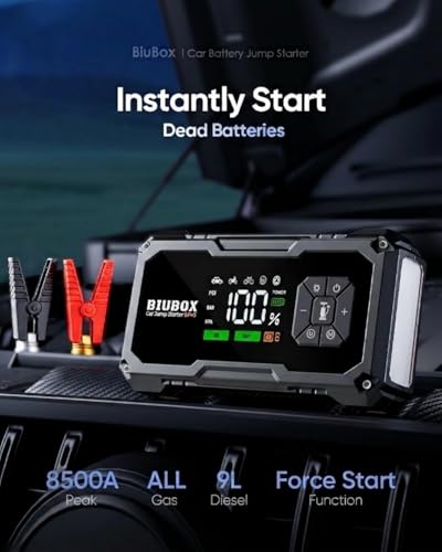 Car Jump Starter with Air Compressor, BiuBox 8500A 150PSI Car Battery Jump Starter for All Gas /9L Diesel, 12V Car Battery Charger Jump Starter with Insulated Gloves, LED Display, 500lm Light