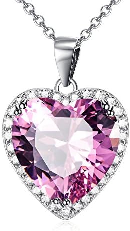 Pink May Birthstone Love Heart Pendant Necklace Sterling Silver Solitaire Cubic Zircon Women Jewelry Set (May-Emerald)