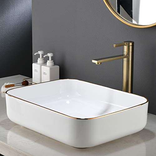 Ufaucet Modern White Rectangular Above Counter Countertop Porcelain Ceramic Bathroom Vessel Vanity Sink with Golden Rim