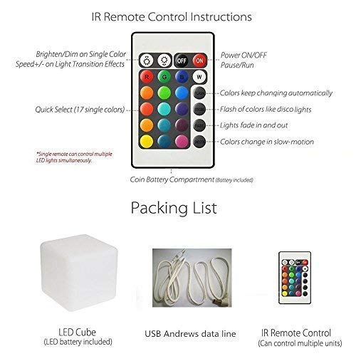LED Glow Cube Lights, 16 RGB Colors Changing and Remote Control, IP68 Waterproof with Rechargeable Battery & Adapter Power (4 Inches)
