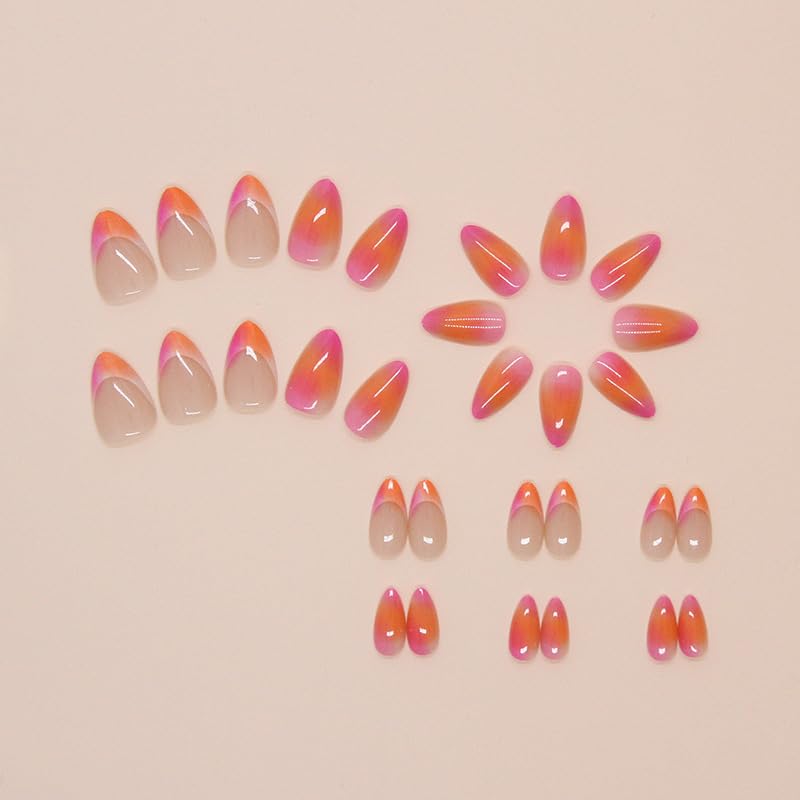 Almond Press On Nails Short Ombre Fake Nails Pink Orange Gradation Nails Press Ons French Acrylic False Nails With Artificial Glossy Designs Full Cover Glue On Nails For Women Girls - Image 2