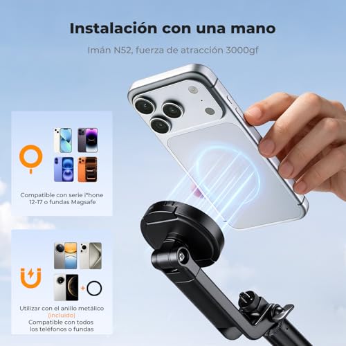 K&F CONCEPT 180cm Trípode para móvil, Palo Selfie magnético y con Pinza, luz Relleno y Mando a Distancia, Soporte automático Compatible con iPhone 17-12, Osmo Pocket 4/3 e Insta360 X5 Luna Ultra