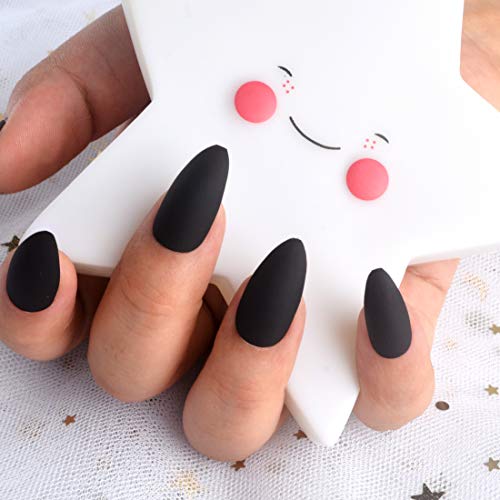 24pcs Matte Pure Color Stiletto Nails False Gel Nails Art Tips Sets Full Cover Medium Almond Shape Acrylic Fake Nail Tips Gel (Matte Black)