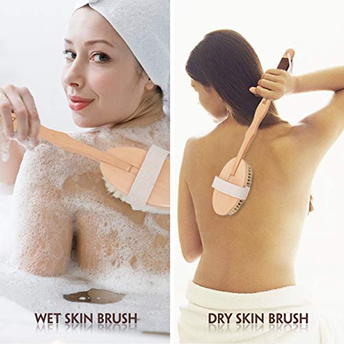 Bath Brush for Dry Skin Body Exfoliator Brushing - with Wood Long Handle and Anti-Slip Rubber for Shower