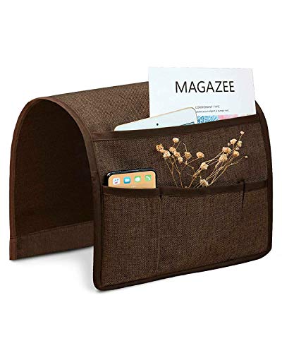Joywell Sofa Armrest Pocket Organizer,Anti-Sliding Couch Arm Chair Caddy with 5 Pockets for Magazine, Books, TV Remote Control, Cell Phone, Glasses, iPad (13'' x 35'',Brown)