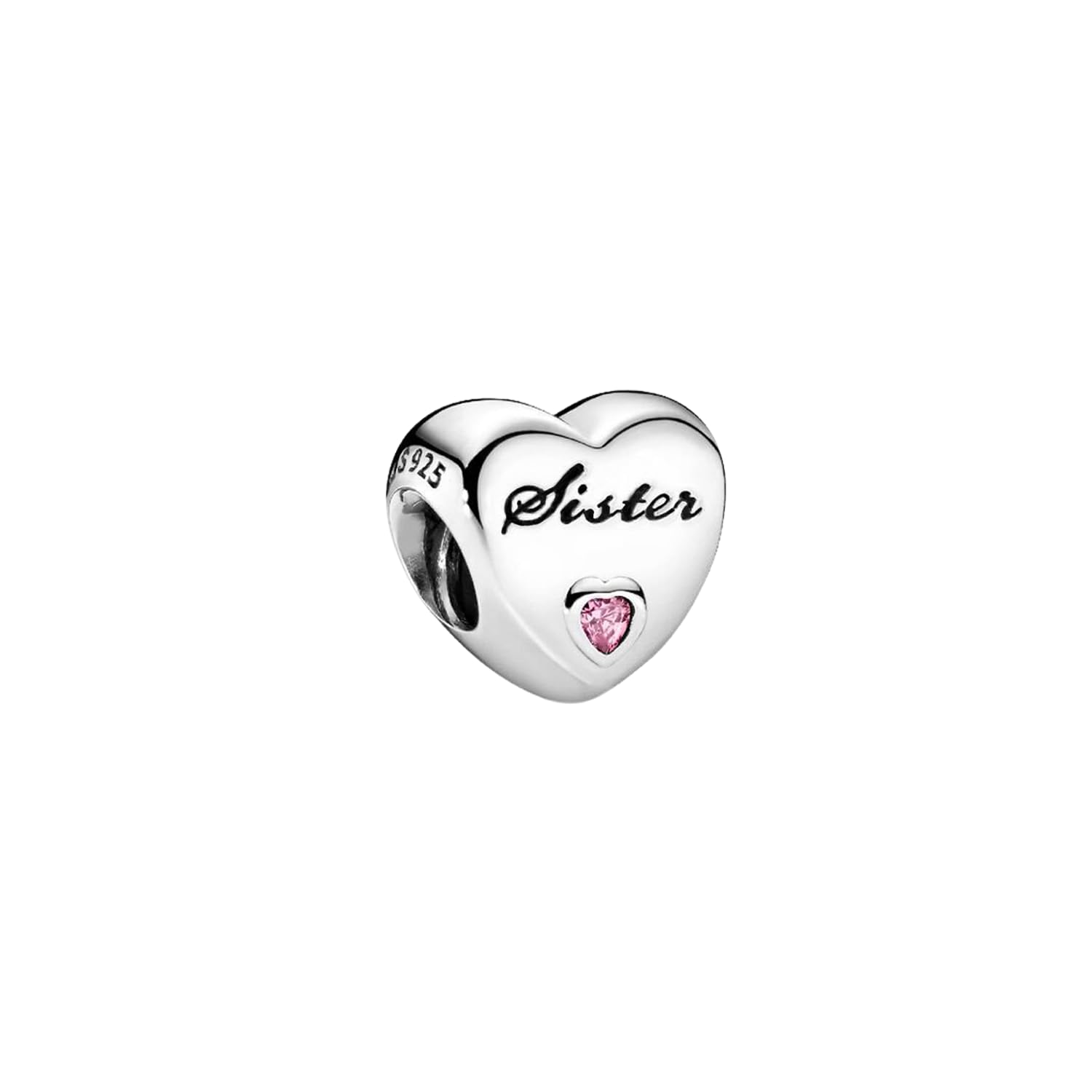 FGT Sister Pink Love Heart Sterling Silver Charm fits Pandora Charms Bracelets Birthday Bead Gift for Women Friendship Sisters Cursive Writing