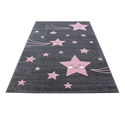 Kinderteppich Kinderzimmer Babyzimmer Niedlicher Sterne Design Grau Pink Oeko Tex, Maße:160x230 cm