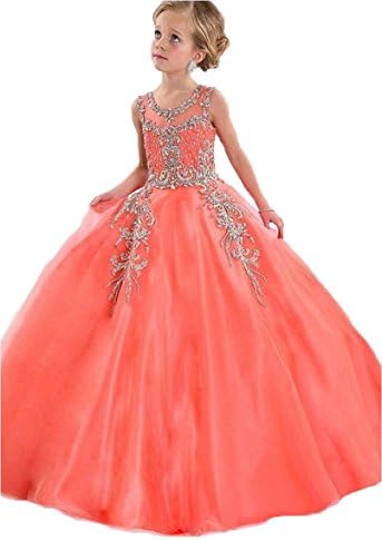 Aiduo Big Girls Floor Length Beaded Organza Pageant Dress (14, Coral)
