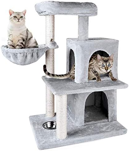 ZNWIYE Cat Tree Condo Furniture Kitten Activity Tower, Sturdy Cat Tree with Feeding Bowl, Cozy Basket with 2 Condos