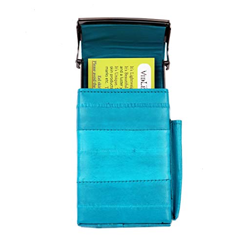 Automatic Rising Genuine Eel Skin Leather Sliding Cigarette Case with Lighter Holder (Teal) - Thumbnail 2