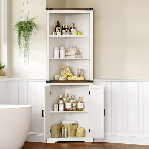 TEENFON Farmhouse Corner Cabinet, 70" H Tall Corner Hutch with 5 Shelves & 2 Barn Doors, Bathroom Cabinet with Adjustable Shelf, for Living Room, Kitchen, Bathroom, White