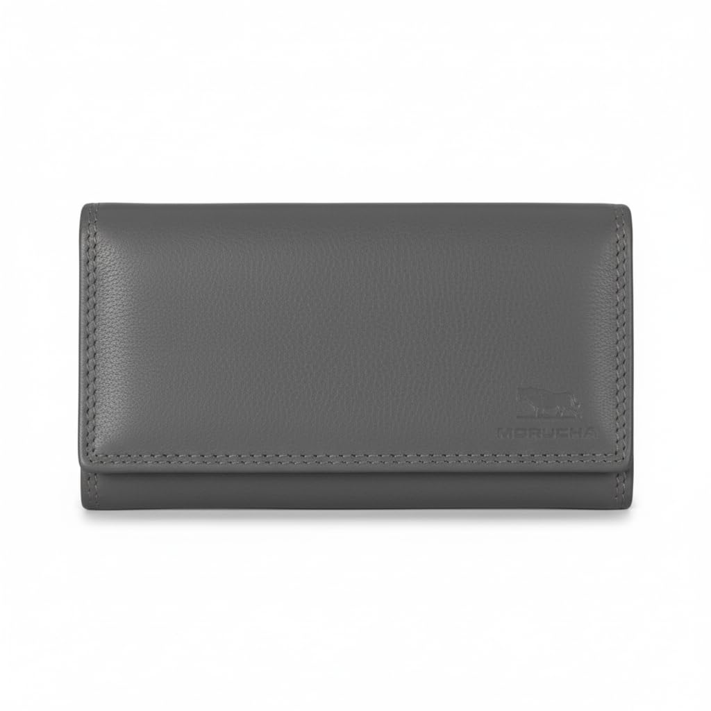 MORUCHA Women’s Clutch Wallet – Genuine Leather RFID Blocking Purse, Multi-Compartment Large Capacity Cardholder with Zipped Coin Sections – Gift Boxed – M90 (Grey)