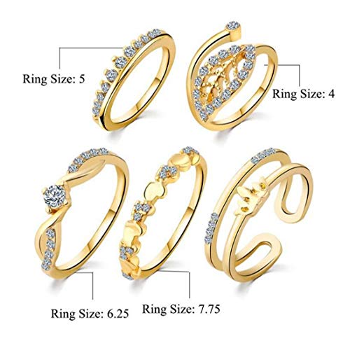 Tmrow 5 pcs/Set Peach Heart Leaves Crown Suit Rings Set with Flower Gift Case for Woman Girls
