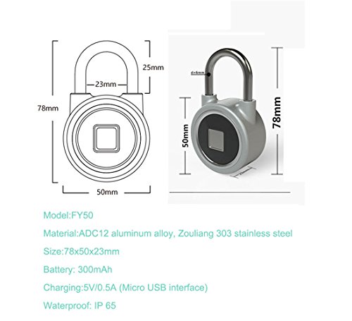 Rumfo Fingerprint Padlock, Bluetooth Connection Metal Waterproof, Suitable for House Door/Suitcase/Backpack/Gym/Bike/Office/APP is Suitable for Android/IOS Support USB Charging (Silver)