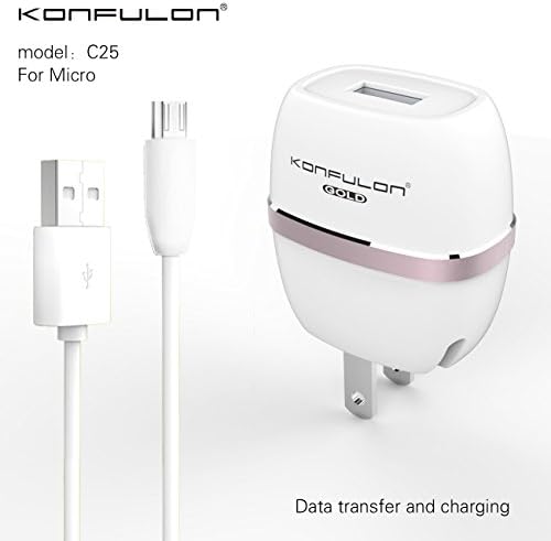 Konfulon C25 1.0A USB Charger+Micro Cable ,Durable Charging Cable for Samsung, Nexus, LG, Motorola, Android Smartphones and More (White)