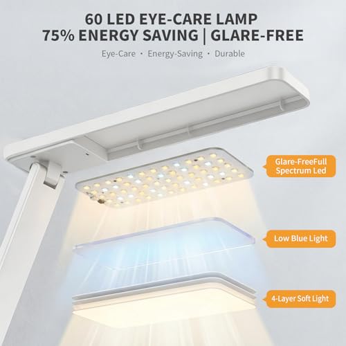 YAMYONE LED Desk Lamp with USB Port, Touch Control, Eye-Protection Light, 5 Color Modes and 5 Brightness Levels, Ideal for Bedroom, Study and Nightstand (White)