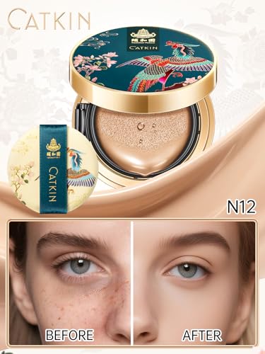 CATKIN Cushion Makeup Foundation, Lightweight and Durable Formula, Anti-Aging, Natural Effect, 7 in 1 Herbal Extracts, Transparent Satin Finish, Refills Included, 13g*2