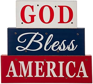 Glitzhome Patriotic American Wood Block 11.75″ H Distressed God Bless America Patriotic Wooden Signal Dwelling Decor Farmhouse Wooden Block with LED Independence Day Desk Decor