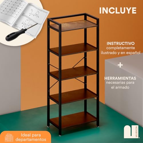 MUBSON Librero con Diseño Industrial con 5 Repisas para Estudio, Sala o Recamara de Madera MDF. Estante Alto de 160 cm para Decoración. Librero para Niños. Bookshelf. Bookshelves Wood (Café)