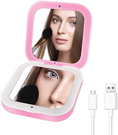 Portable Lighted Travel Makeup Mirror YALUYA Mini Compact Mobile Power Mirrors Handheld Folding Pocket Mirror with LED Lights 1x/3x Magnifying Mirrors for Beauty Cosmetic Camping (Pink Square)