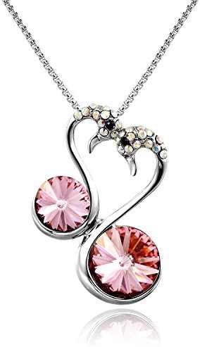 White Gold Plated Alloy Pair of Swans Swarovski Elements Crystal Friendship Pendant Necklace For Girls (Dark Pink)