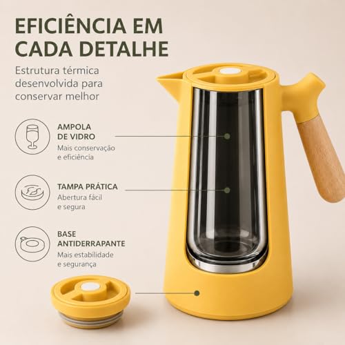 Garrafa Térmica 1 Litro para Café Mesa Posta Premium com Ampola de Vidro Conserva Bebidas Quentes por Mais Tempo Cabo Estilo Bambu Base Antiderrapante Azul Escuro HABITARA HOME