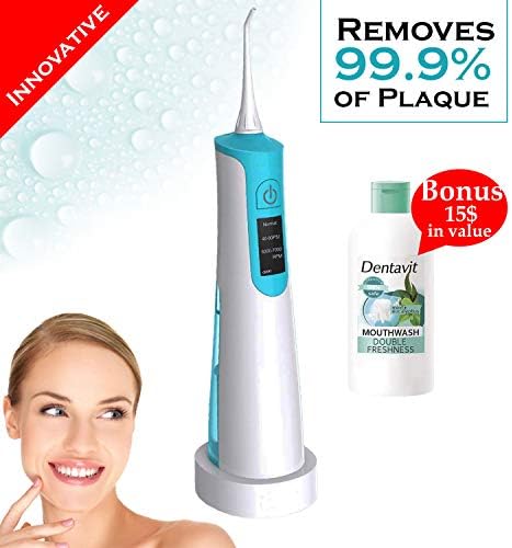 Portable Water Flosser Rechargeable Cordless Oral Irrigator IPX7 Waterproof Dental Cleaning System Anti Leakage Design w/ 5 Jet Tips to Improve Your Overall Oral Health + European Mouthwash + E-Book