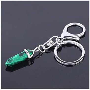 Natural Stone Keychains Hexagonal Prism Point Crystal Pendant Green Key Rings Chain