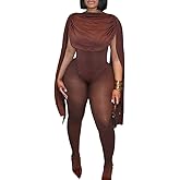 Molilove Women's Bodycon Jumpsuit Sexy Cloak Sleeve Ruched Jumpsuit Zipper Jumpsuit Long Pants Romper Going Out Club Outfits
