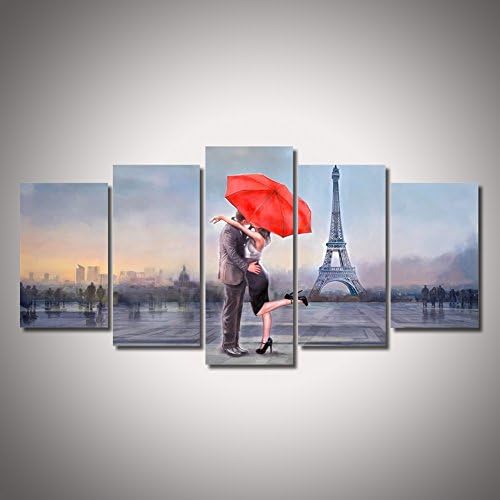 uLinked Art Decorative Photography Framed Picture Romance Lover Couple Hug with Red Umbrella Beside Eiffel Tower Decor Paris Love City in Sunrise Wall Art Gallery Wrap Giclee On Canvas Poster Print