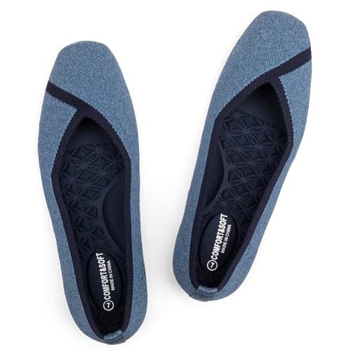 Frank Mully Women Square Toe Flat Shoes Comfortable Knitted Flats Blue, 10.5 at Amazon