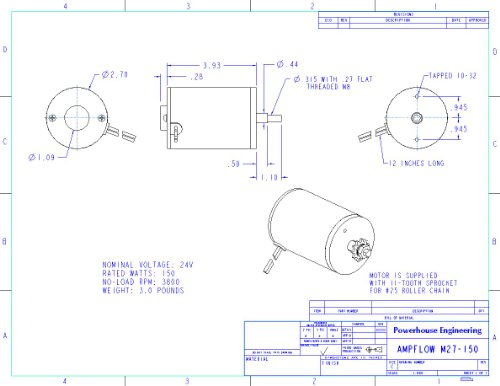 AmpFlow M27-150 Brushed Electric Motor, 150W, 12V, 24V or 36 VDC, 3800 RPM