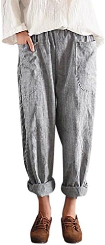 Sunbona Women Wide Leg Pants, High Waist Striped Cotton Linen Elastic Waist Casual Loose Trousers