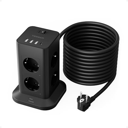 TESSAN 8 Fach Mehrfachsteckdose mit USB C, Verlängerungskabel 10 Meter mit 4 USB und Steckdosenleiste Überspannungsschutz, 3600W Steckdosenturm mit Sc