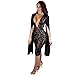 Star Han False Long Sleeve Deep V-Neck Sequins Club Dress (Small) Black