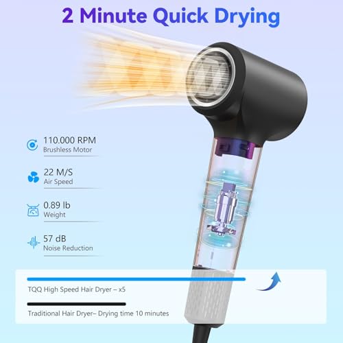 TQQ Hair Dryer, Hair Dryer with 200 Million Negative Ions, Brushless Motor 110,000 RPM for Fast Drying, Professional Hair Dryer 57 dB Suitable for Travel and Home