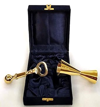 Akanksha Arts Set of EPNS with Gold Chrome Shading Alluring Brass Bottle Opener and Peg Measure, Jigger in a Velvet Box, Peg Measure Cup, 30 ml/60 ml