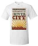Sacramento, California - Skyline and Sunburst Screenprint Style (White T-Shirt Small)