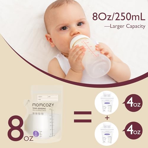 Momcozy Easy Pour Breastmilk Storage Bag, 8Oz, Temp-Sensing Color Change, 120 Count Milk Bag with Self Standing for Breastfeeding, No Leak Presterilized for Freezer, Recyclable & BPA Free
