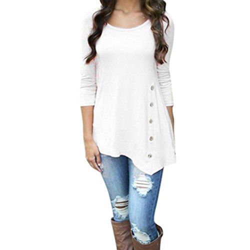 Lightning Deals Tunic Top,ZYooh Women 3/4 Sleeve Loose Button Trim Blouse Solid Color Round Neck Blouse T-Shirt (White, M)