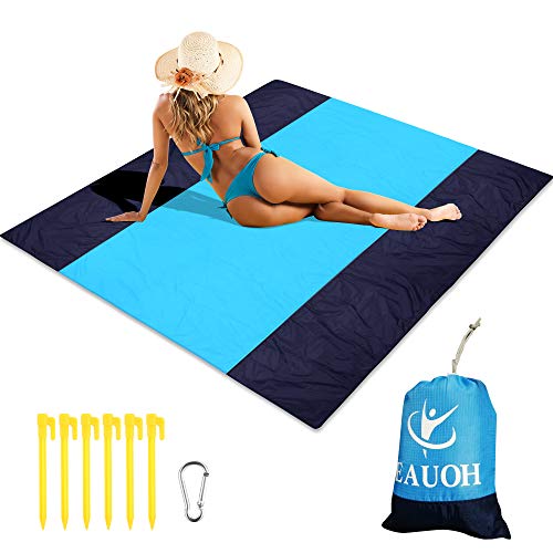EAUOH Beach Blanket 82″ X 79″ Sand Proof Oversized Waterproof Family Beach Mat/Gear Foldable &Compact Machine Washable Quick Drying,Travel Pouch+6 Stakes and Carabiner (X-Large)