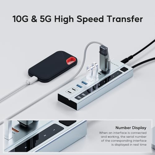 PULWTOP Hub USB C 3.2 ativo com fonte de alimentação, hub USB 3.2 9 em 1 com dados de 3 * 10 Gbps, 4 * USB A 3.1 e 2 * carregamento PD de 45 W (não suporta vídeo e dados) Adaptador de 72 W