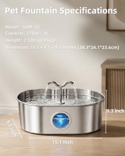 SohoTeco 8L/270oz/2Gallon Stainless Steel Dog Water Fountain Pet Fountain | Automatic Pet Water Dispenser - Self-Designed Filtration System - Ultra-Quiet Pump - Easy Cleaning & Maintenance (3 Filters)