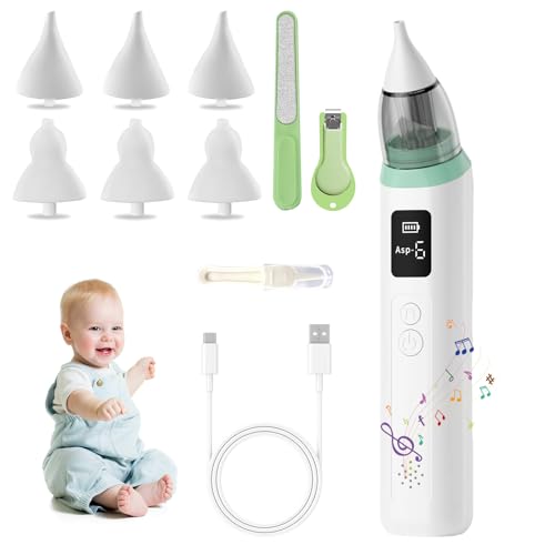 Aspirador Nasal para Bebés, Saca Mocos para bebe con 6 Niveles de Succión Ajustables, 6 Cabezales de Silicona, Extractor de Mocos para Bebe con Música y Carga USB, Incluye Kit de Cortaúñas para Bebé