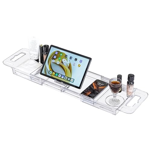 Adjustable Clear Acrylic Bathtub Tray Caddy 22-31" with Drain Slots