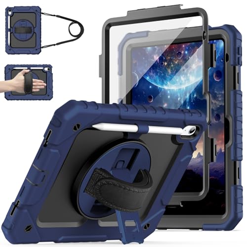 cantis Case for iPad 11-inch (A16) 2025/ iPad 10th Generation 2022 (10.9 inch) with Screen Protector, 11th Case with 360 Degree Rotating Stand/Shoulder Strap/Pencil Holder, Navy Blue