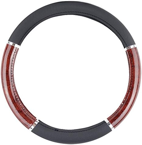KM World Black 14.5-15 Inch Rubber Steering Wheel Cover With Wood Panel Grip, Fits Audi a4 a5 a6 a7 a8 q7 q5
