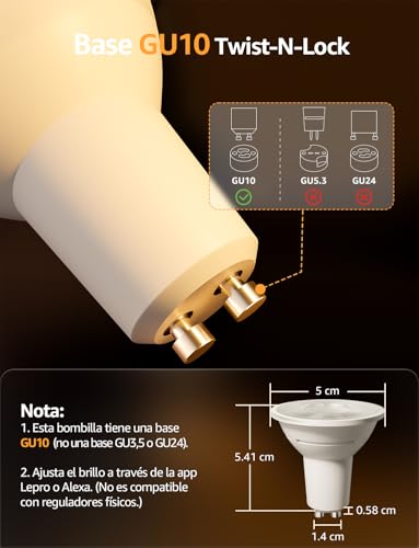 Lepro BG1 AI Foco Inteligente LED GU10, Regulable RGB+CW (Cambio de Color y Blanco), Compatible con Alexa y Google Assistant, Control por Voz y Sincronización de Música, Gestionado por App